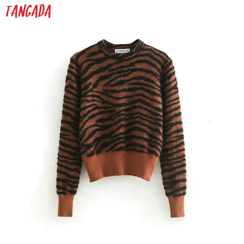 

Tangada women animal print skinny sweater long sleeve O neck short style stretchy pullovers female vintage tops BE377