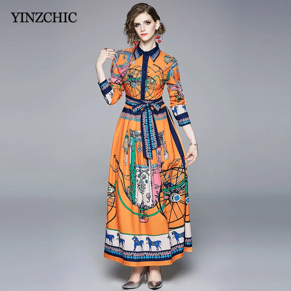

Vintage Printed Woman Spring Maxi Dress Turn-down Collar Ladies A-line Party Dress Full Sleeve Female Street Long Dress