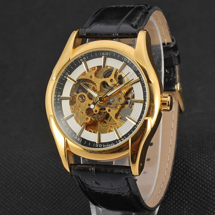 

WINNER Mechanical Twotone Hollow Watches Golden Perspective Gear Dial Simple Fashion Leather Strap Auto Self Mechanical Watch
