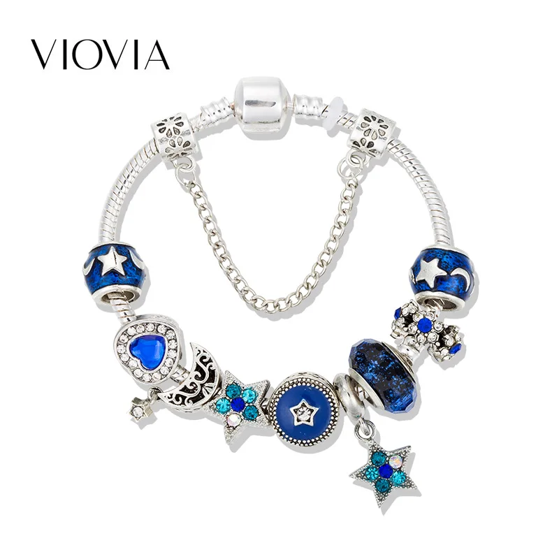 

VIOVIA Brand Jewelry Fashion Star Moon Charm Bracelet for Women Blue Crystal beads Bracelets & Bangles Pulseira Feminina B19034