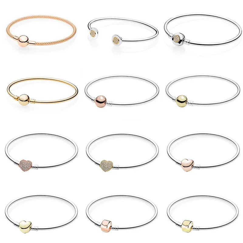 

Rose Gold MOMENTS Mesh Bangle Love Heart Two-Tone Signature Open Bangle Fit Pandora Bracelet 925 Sterling Silver Bead Charm