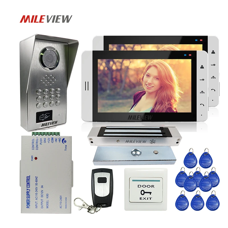 

FREE SHIPPING 7" Screen Video Door Phone Intercom 2 Monitor System RFID Code Keypad Unlock Camera Electromagnetic Lock