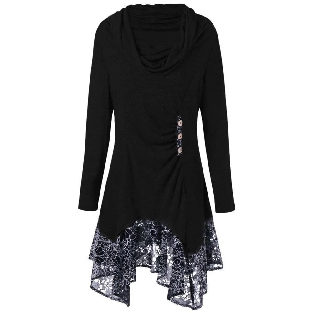 Joineles размера плюс осенние женские блузки с длинным рукавом шарф воротник Лоскутные рубашки асимметричный подол Повседневная Женская Длинная блузка рубашка - Цвет: Black