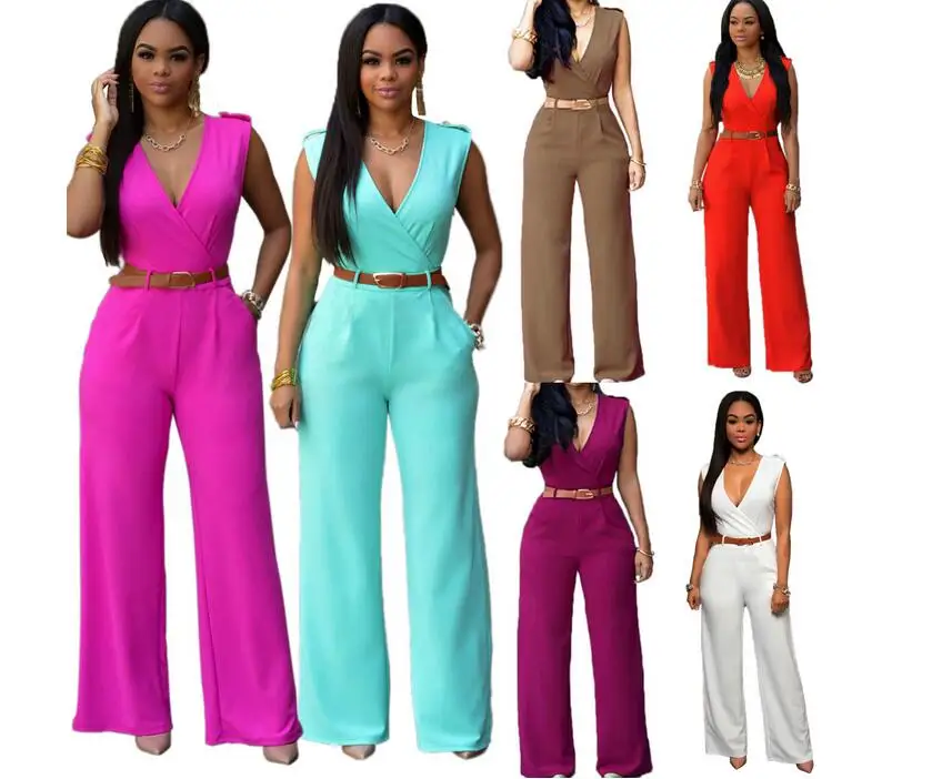 

Deep V Rompers Womens Jumpsuit 2016 Sleeveless Fashion Elegant Jumpsuits Overalls Playsuit With Belt combinaison femme