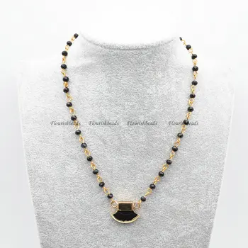 

Wire Linked Glass Beads Chains Black Agate Axe Shape Pendant Necklace Fashion Jewelry