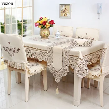 

Vezon Europe Polyester Satin Jacquard Embroidery Floral Tablecloth Solid Color Embroidered Table Linen Cloth Towel Cover Overlay