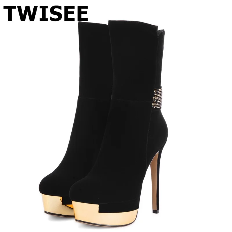 

women mid calf pumps boots hot selling sapatos femininos autumn solid thin high heels 13.5 cm woman casual shoes black