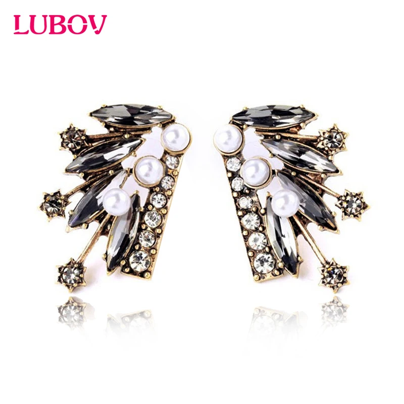 

1Pair 2018 New Brand European style Wings Shape Earrings Vintage High-end Crystal Imitation Pearl Stud Earrings for women giften