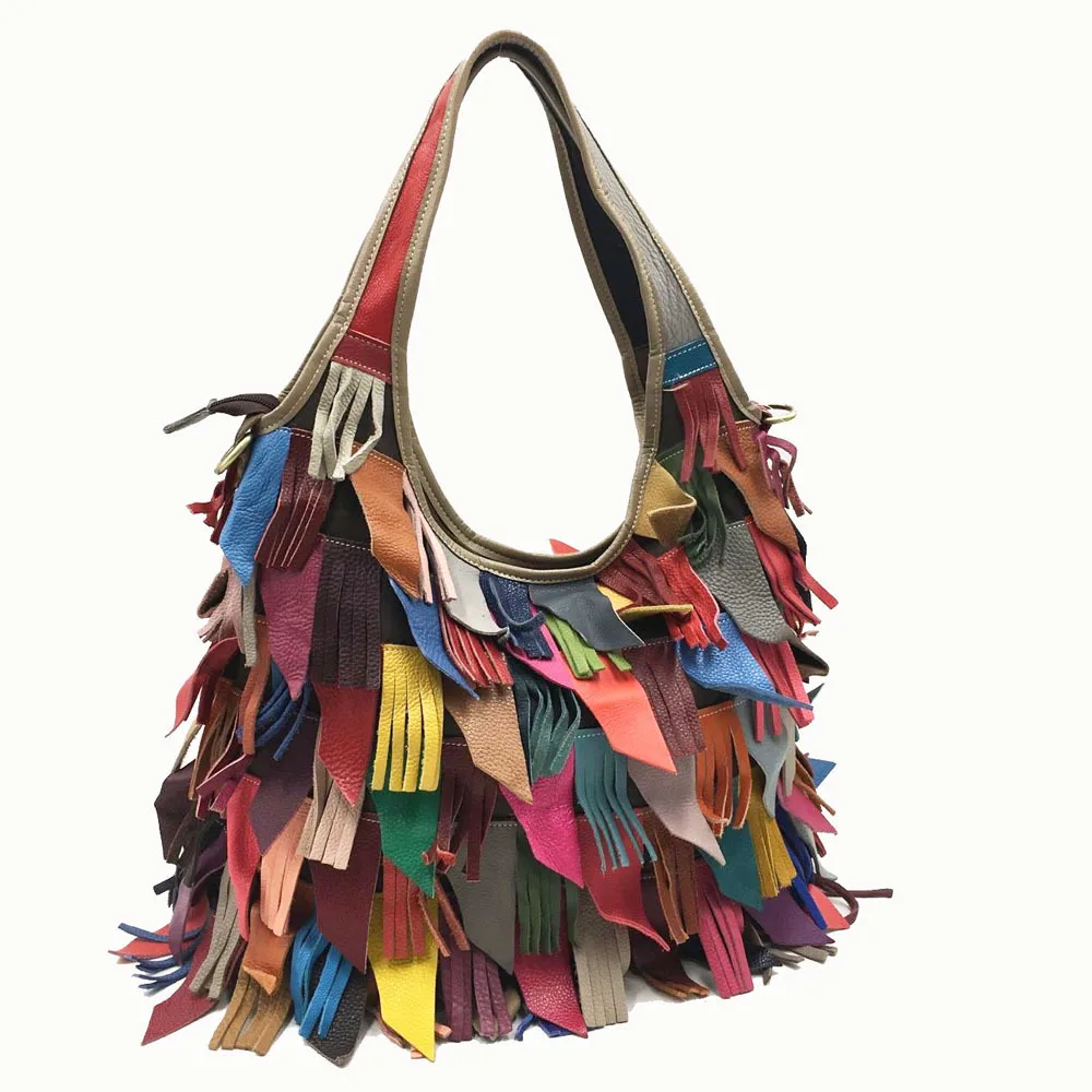 

Beautiful Tassels Patchwork Design Genuine Leather Women Shoulder Bags Soft Natural Cowskin Women Leather Handbag