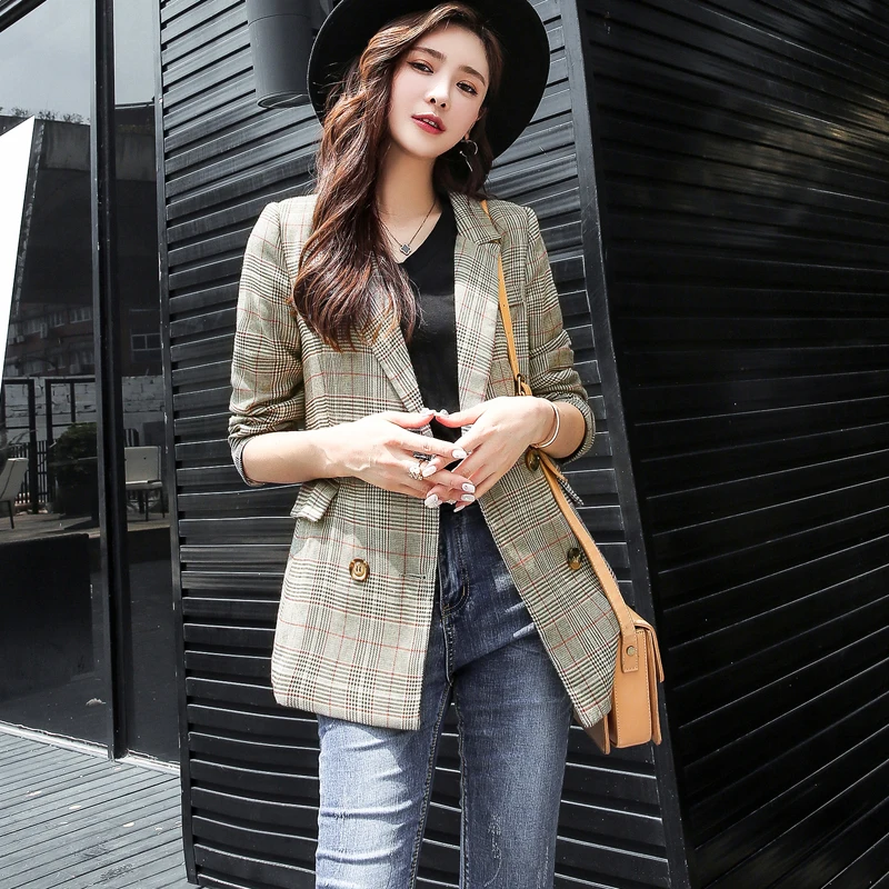 Vintage Notched Bouble Breasted Plaid Women Blazer Autumn