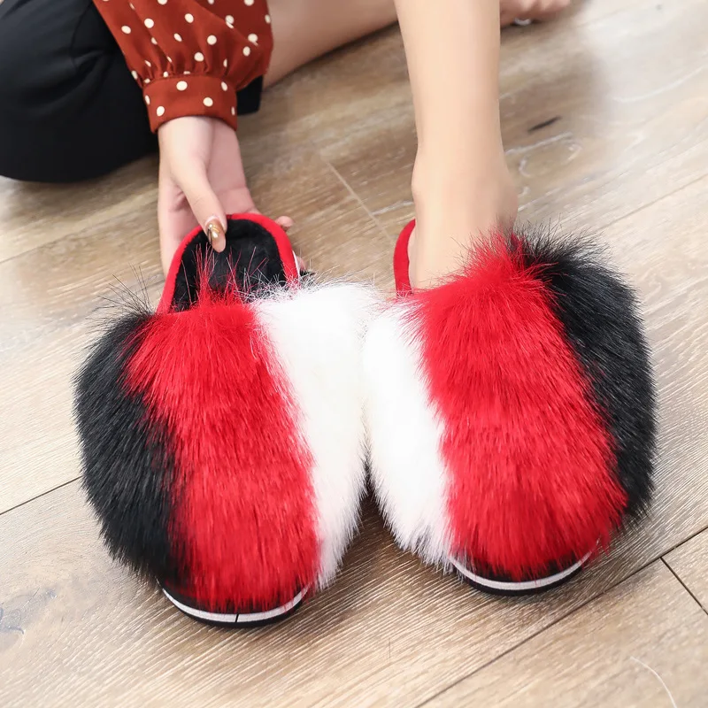 

2019 spring Real Fur Slippers Women Fox Home Fluffy Sliders With Feathers Furry Summer Flats Sweet Ladies Shoes