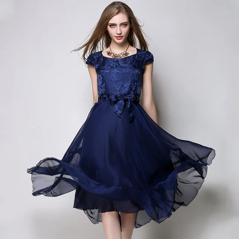 Fashion Spring Summer Dress Women Elegant Silk Short Sleeve party Dress