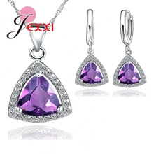 Pure 925 Sterling Zilveren Sieraden Sets Shiny Driehoek Zirconia Ketting Oorbellen Bridal Vrouwen Bruiloft Sieraden(China)
