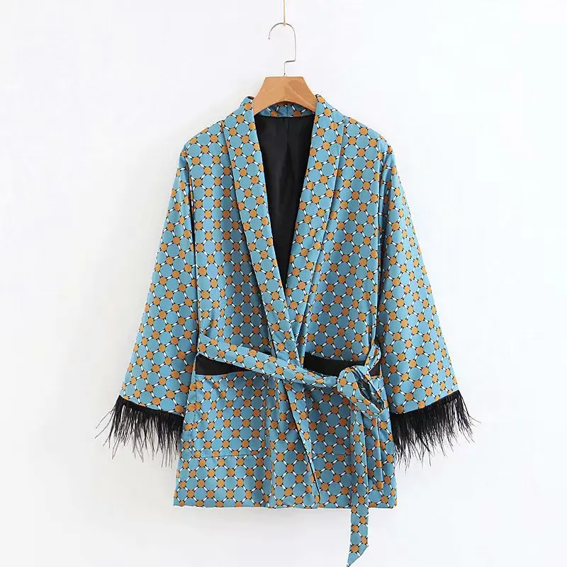 

Women Vintage Geometric Dot Print Casual Blue Blazer 2018 Autumn Long sleeve Tassel Kimono Coat Tops Suits Femme C106