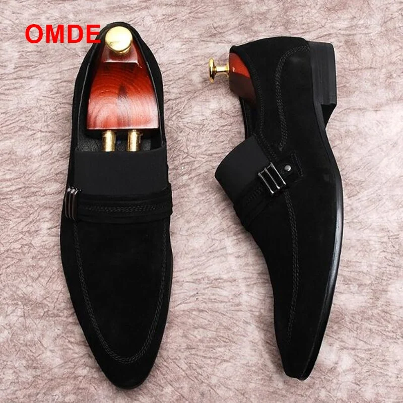 OMDE Black Men Suede Shoes New Arrival Pointed Toe Loafers Men Slip On Casual Shoes High Quality Men's Smoking Flats