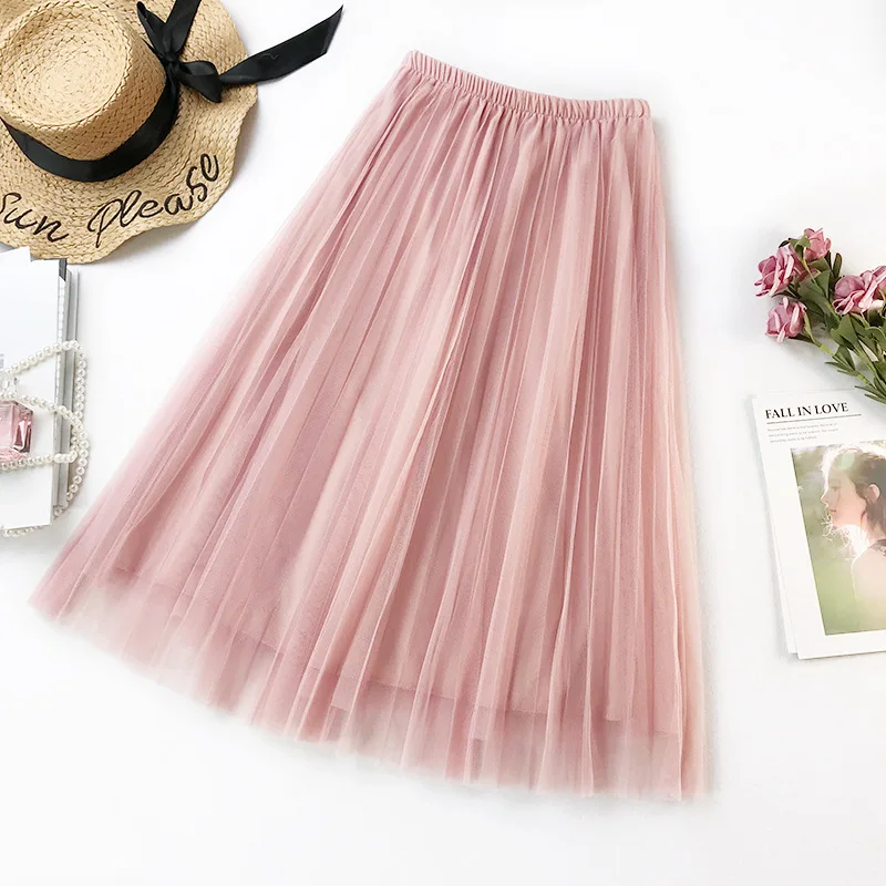 2019 New Summer High Waist Pleated Midi Skirt Solid Color Mesh Skirt Women Korean Basic A-Line Tulle Skirts faldas saias jupe 2019 New Summer High Waist Pleated Midi Skirt Solid Color Mesh Skirt Women Korean Basic A-Line Tulle Skirts faldas saias jupe