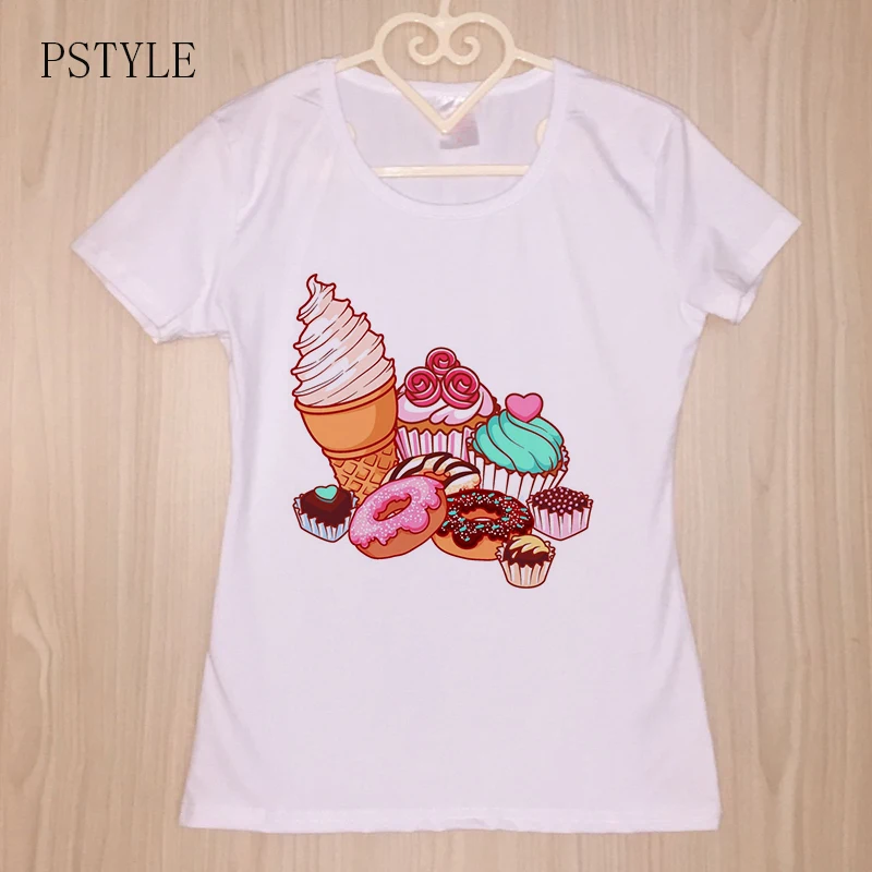 

Original PSTYLE Summer t-shirt for Women Sweet Ice Cream Donut Print t shirt Short Sleeve Girls tshirt