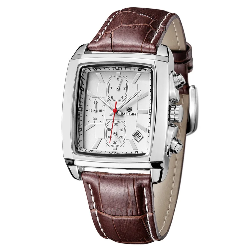 MEGIR2711 Luxury Brand Date Leather Watch Men Multi function Chronograph Square Business Quartz Wirstwatch 3Eye 3ATM