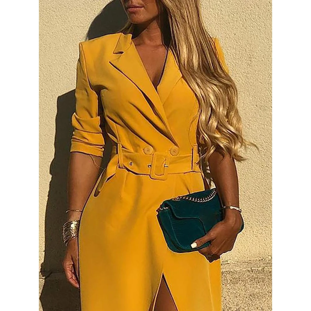 

Blazer Dresses Women Spring Office Lady Sexy Wear to Work Suit Dress Yellow V Neck Slim Outwear Dress Long Sleeve