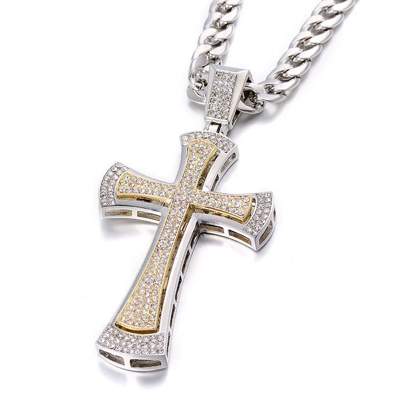 

Double Layer huge Cross Convex Arc Bling Pendant For Men Iced Out Chain Zircon Hip Hop Style Charm Jewelry Cross Necklace