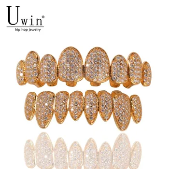 

UWIN Iced Out AAA Zircon Micro Pave Teeth Grills Caps Top & Bottom Grills Set Hiphop Men Women Fashion Jewelry