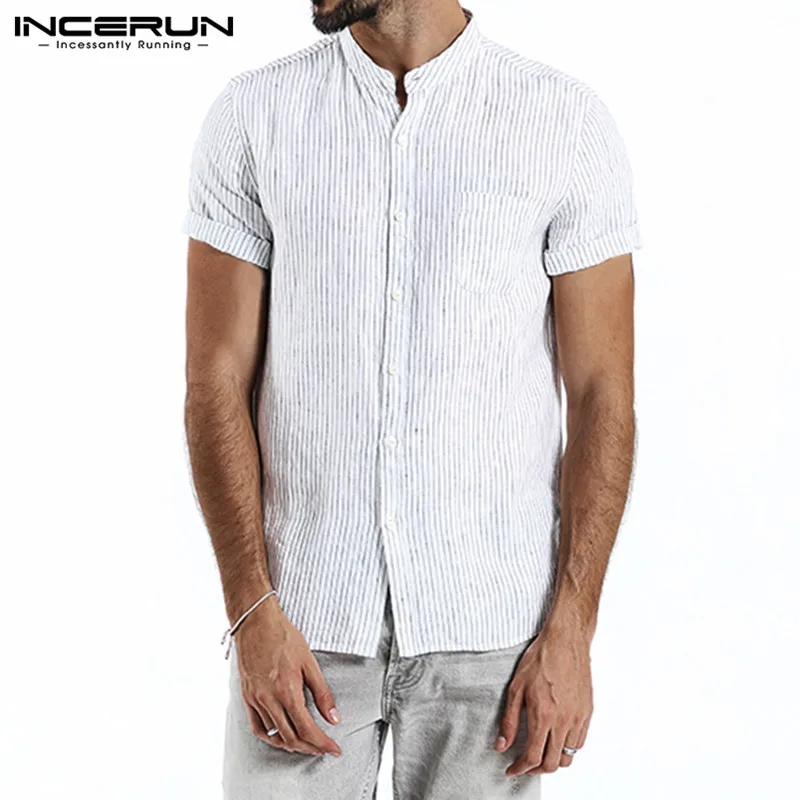 INCERUN летняя полосатая рубашка мужская винтажный воротник-стойка повседневная с коротким рукавом дышащая пляжная брендовая рубашка мужская рубашка Харадзюку
