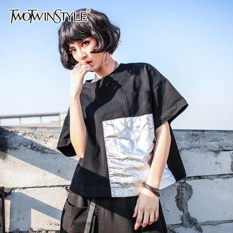 

TWOTWINSTYLE Patchwork T Shirt For Women Batwing Short Sleeve Large Size Short T Shirts Top 2019 Summer Fashion Casual Clothing