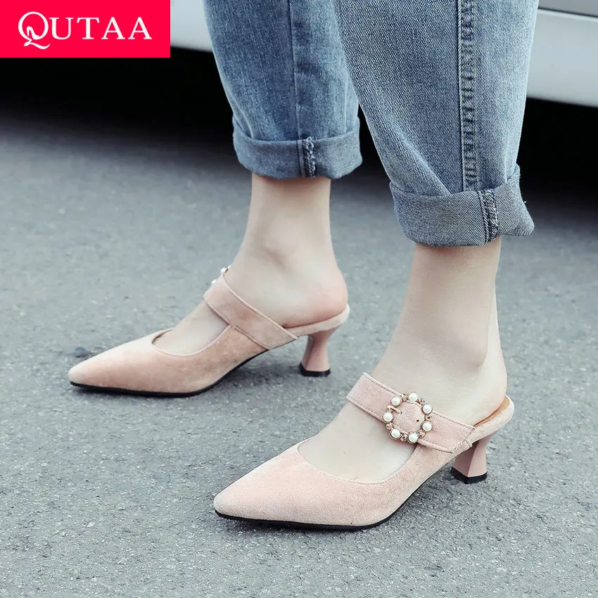 

QUTAA 2019 Women Pumps Flock Hoof Heels Pointed Toe Buckle Pearl String Bead Slingback Sexy Women Shoes Fashion Size 34-43
