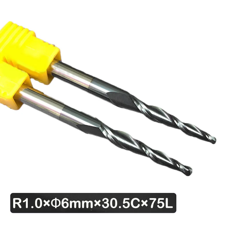 

2PCS R1.0*D6*30.5*75L 2 Flute HRC55 Taper Ball Nose End Mill CNC Milling Cutter Hard Steel