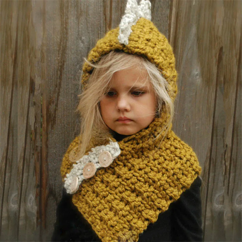 Детский шарф с капюшоном в виде лисы и кошки, Зимний милый теплый детский шарф с капюшоном и капюшоном, вязаная шапка, шарфы с капюшоном