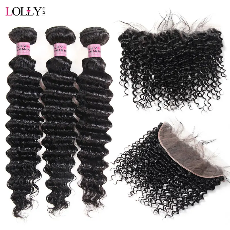

Lolly Brazilian Deep Wave Bundles With Frontal Non Remy Human Hair Bundles With Closure Ear To Ear Lace Frontal With Bundles 3Pc