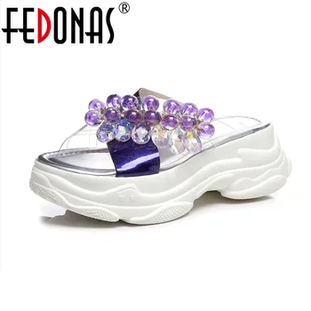 

FEDONAS Fashion Women 2019 Concise Shoes Genuine Leather Shallow Bling Bling String Bead Shoes Woman Rome Round Toe Sandals