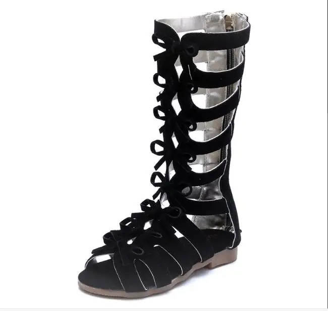 Длинные сандалии-гладиаторы для девочек; замшевые летние модные сандалии для ребенка в римском стиле; цвет коричневый, черный - Цвет: Черный
