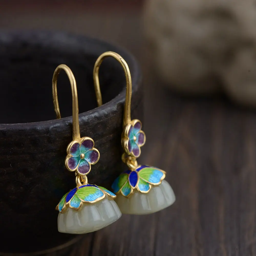 

FNJ 925 Silver Jade Earrings for Women Jewelry Chinoiserie Natural Hetian Nephrite Flower Pure S925 Silver Sterling Drop Earring