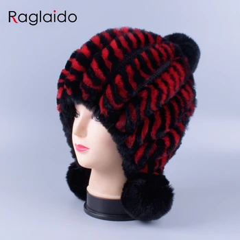 

Real fur pom pom hat women's beanies winter knit ball hat ear protect warm bomer hat brand new skulls lady cap LQ11262