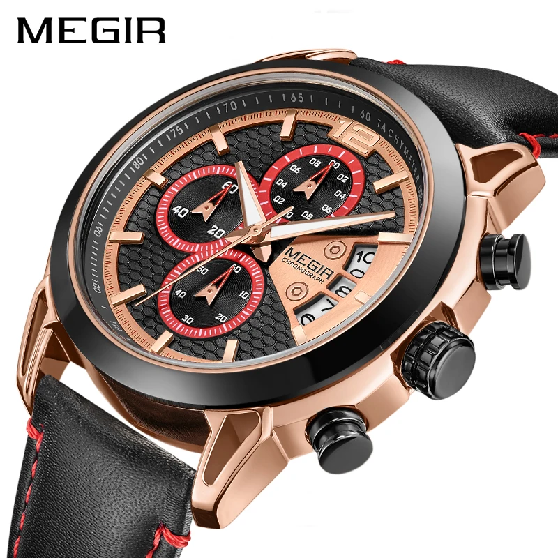 

MEGIR Chronograph Creative Men Watch Relogio Masculino Fashion Leather Quartz Wrist Watches Men Clock Hour Army Military Watches