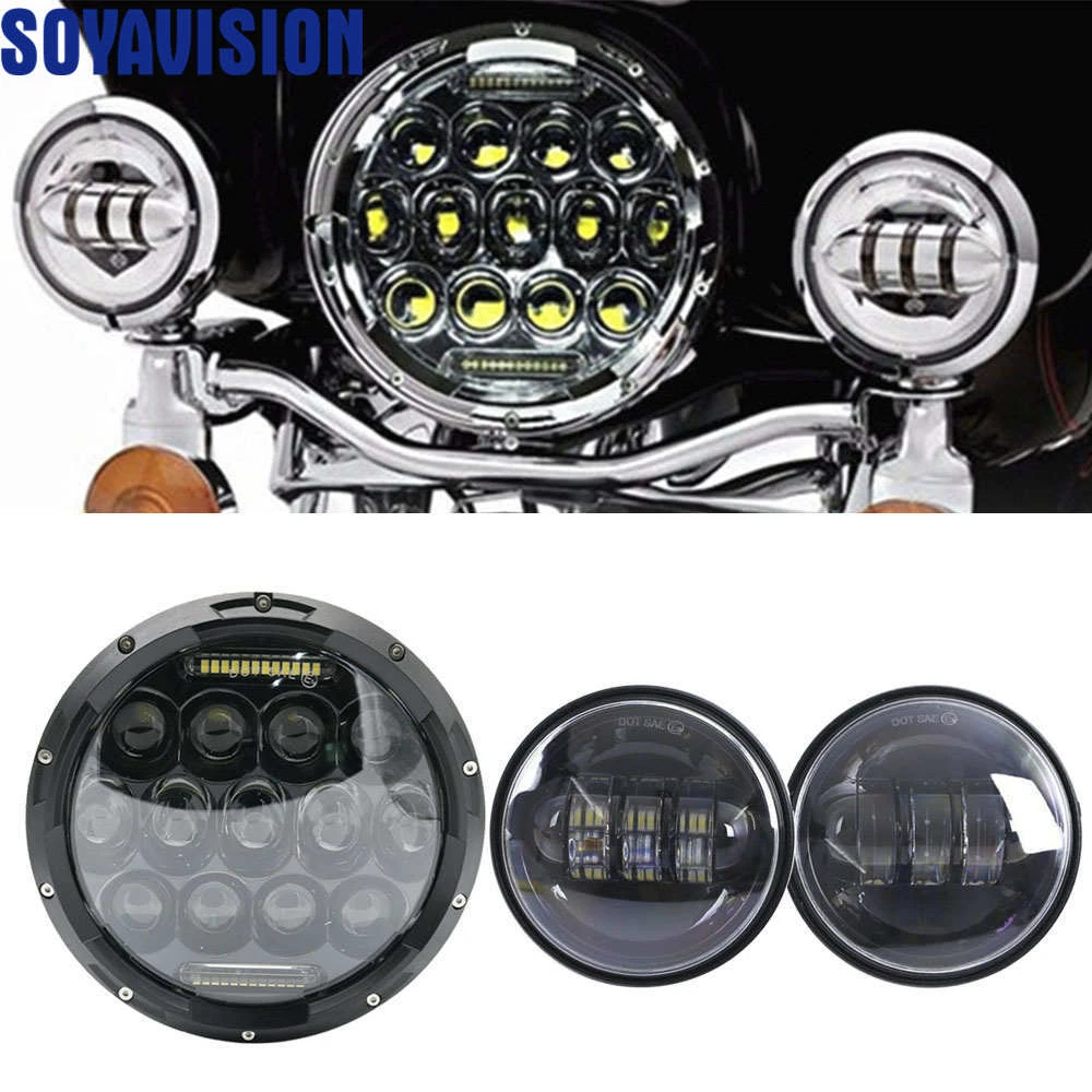 75W 7/" LED Motor Headlight Passing Light For Harley Touring Road King Bracket