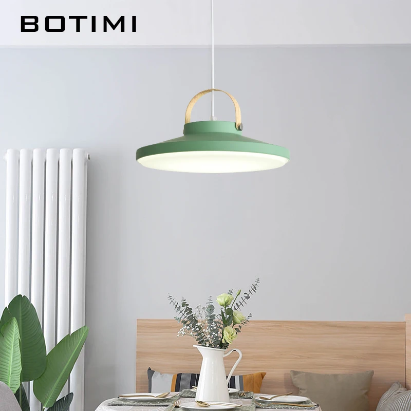 BOTIMI White Metal LED Pendant Lights For Dining Room Modern Indoor Wooden Kitchen Gray Hanging Lamp