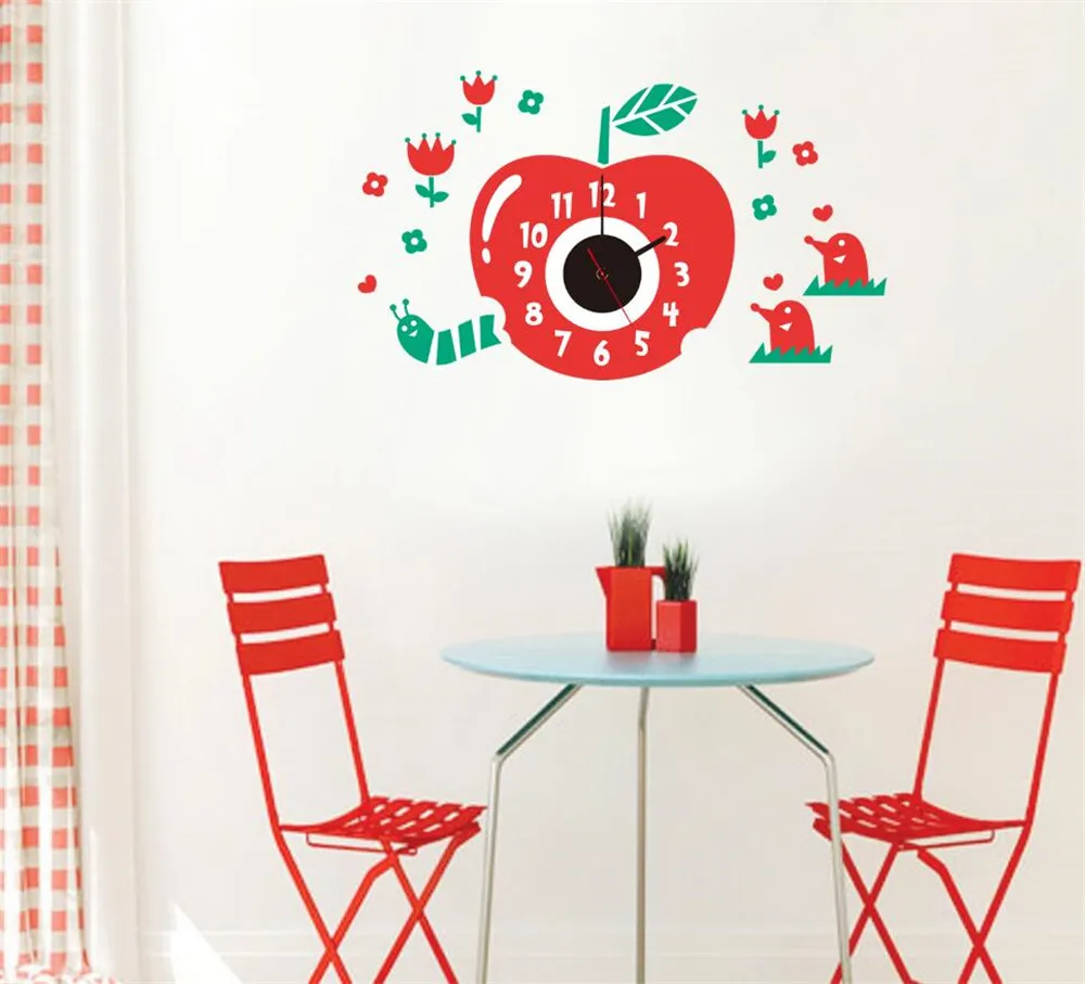 Red apple Wall Clocks Cartoon Sticker Large Decorative Wall Clocks Kids