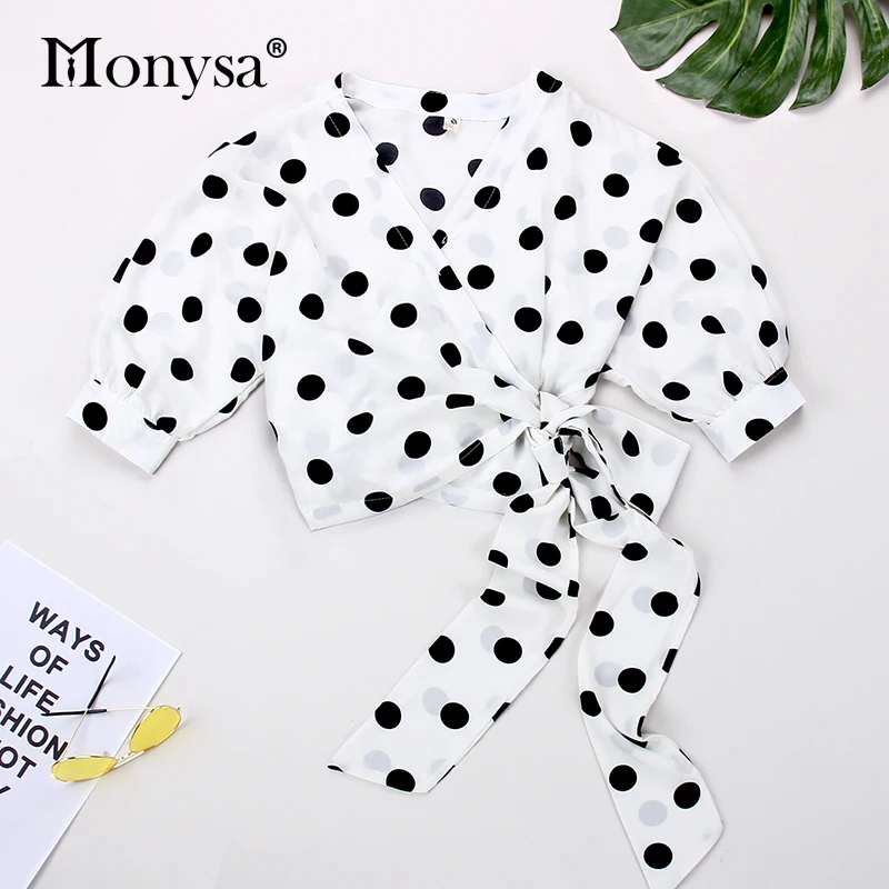 

Korean Vintage Polka Dot Blouse Women 2019 Summer New Arrival Short Sleeve V Neck Shirts Ladies Casual Chiffon Wrap Top With Bow