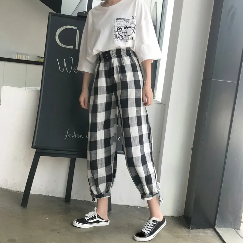 

Korean Version Women Mid Waist Plaid Print Harem Pasnts Summer Thin Loose Elastic Waist Slim Trousers Clothes