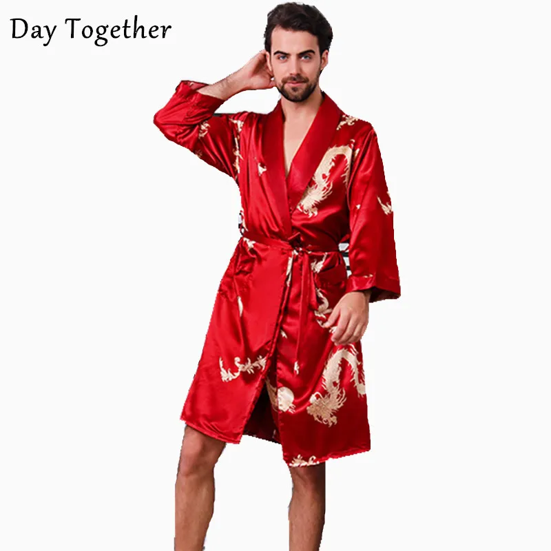 

Men's Silk Bathrobe and Shorts Big Size 5XL Long-sleeved Robes Men Satin Sleepwear Nightgown Print Dragons Black Pyjama Homme