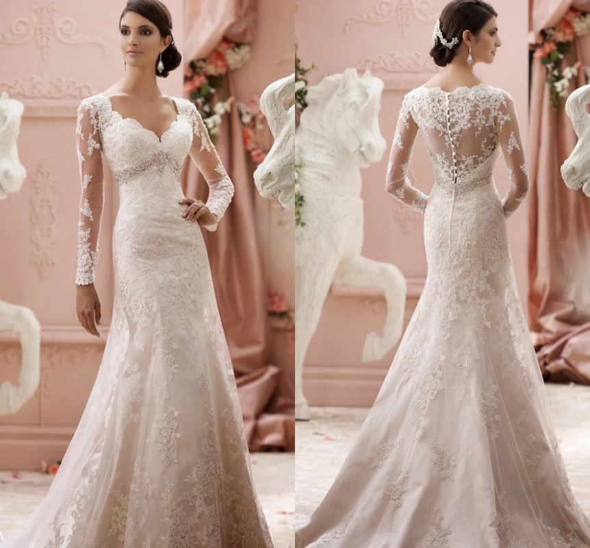 Lange Mouwen Kant Bescheiden Bruidsjurk v-hals Terug Vestido De Novia Casamento Kralen 2018 Elegant moeder van de bruid jurken Lange Mouwen Kant Bescheiden Bruidsjurk v-hals Terug Vestido De Novia Casamento Kralen 2018 Elegant moeder van de bruid jurken