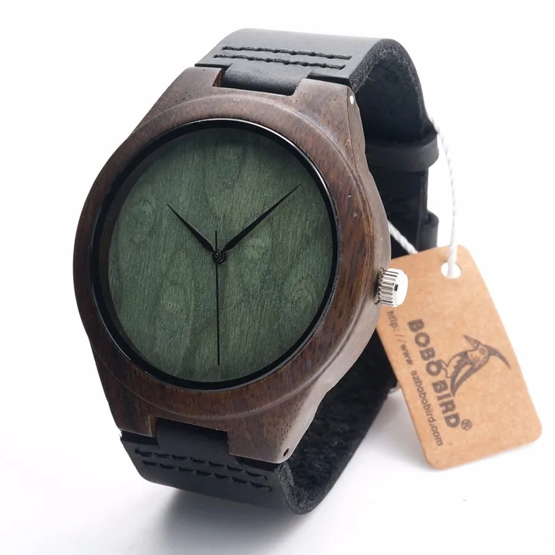 BOBO BIRD Nature Ebony Wooden Quartz Wrist Watch Green Wood Dail for Men Women with Genuine Leather Band in Gift Box