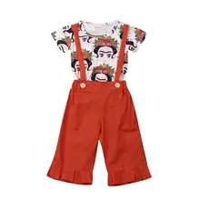 Комплекты одежды для маленьких девочек из 2 предметов футболка с короткими рукавами и принтом топы+ комбинезоны, штаны, одежда в партии
