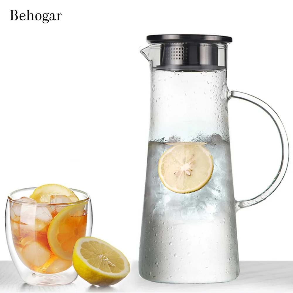

Behogar 1500ML Glass Bottle High Temperature Resistant Pitcher Teapot Juice Beverage Flower Tea Water Jugs w/Stainless Steel Lid