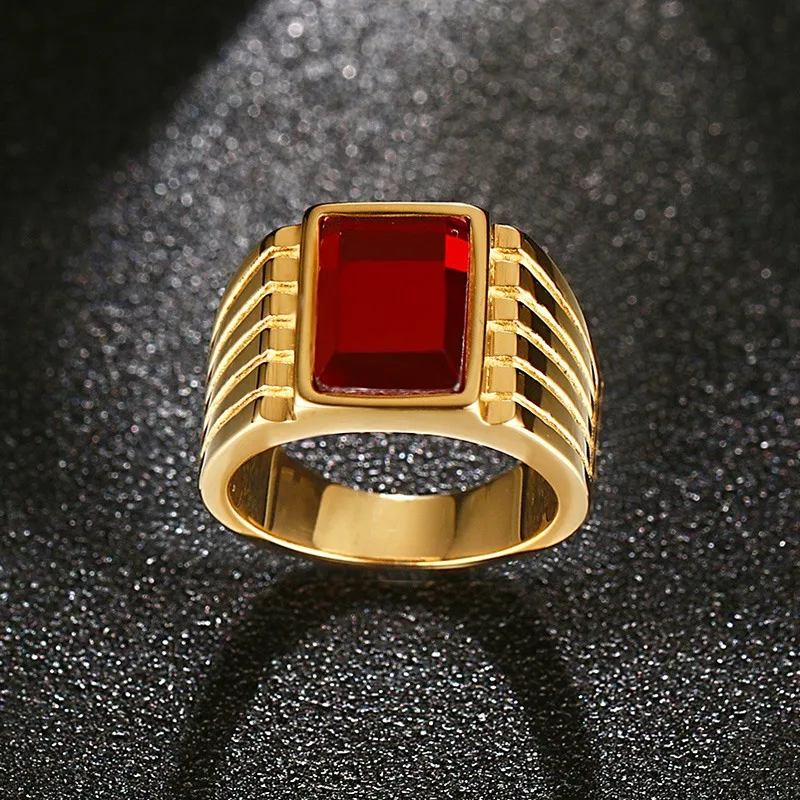 Стильные квадратные красные стразы кольца для мужчин золотой тон нержавеющая сталь anel masculino