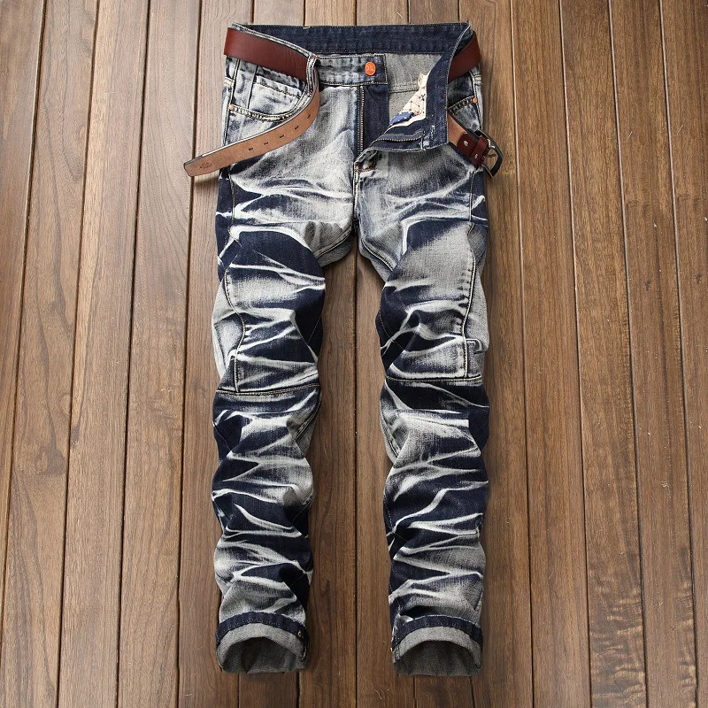 Fashion High Quality Retro Men Gold Painting Jeans Coated Slim Straight Pleated Biker Jeans Pants Male Denim Casual Pants 42 2