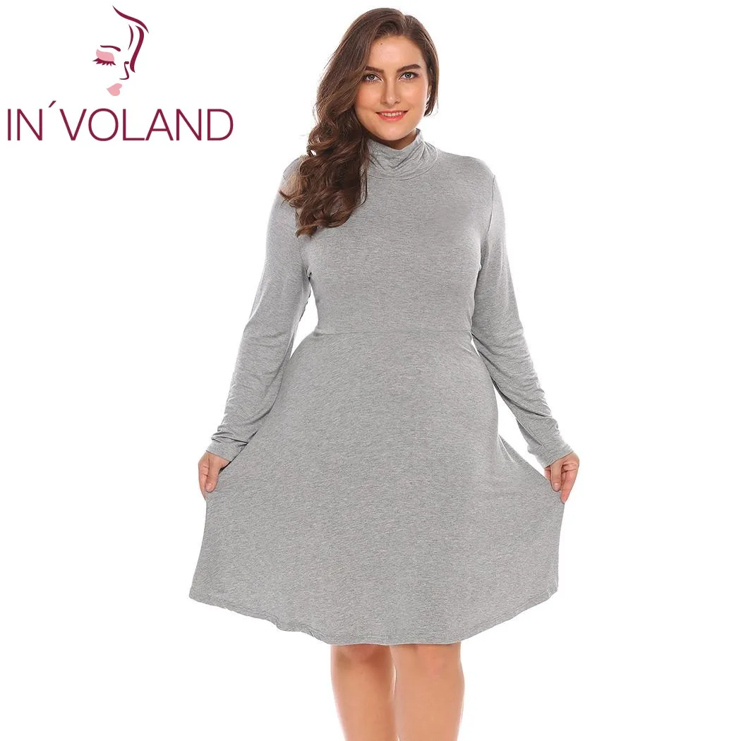 

IN'VOLAND Women Dress Oversized XL-4XL Turtleneck Long Sleeve Solid Casual Fit and Flare Slim Large Dresses Vestidos Plus Size
