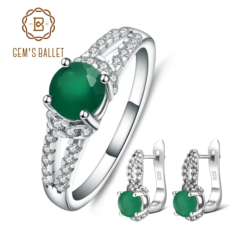 

GEM'S BALLET 0.81Ct Green Agate Rings Clip Earrings Set For Women Gift Pure 925 Sterling Silver Natural Gemstone Fine Jewelry